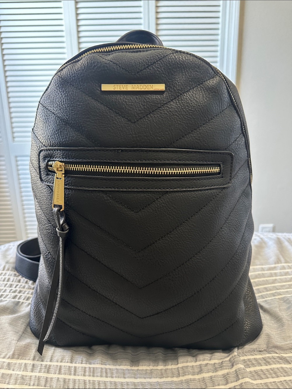 Steve Madden Black Quilted Chevron Leather Backpack with Gold Hardware